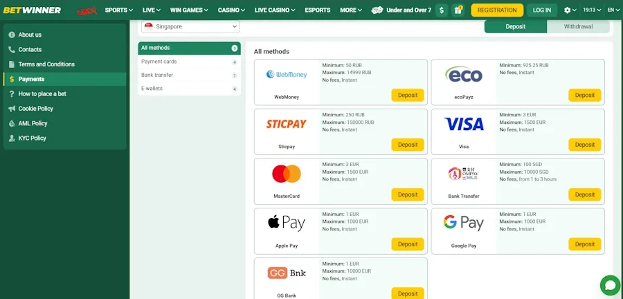Betwinner Casino Singapore Payment Methods